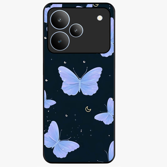 Butterfly With Stars Pattern Glass Case showing flat back view with butterfly and star pattern artwork and glossy glass finish.