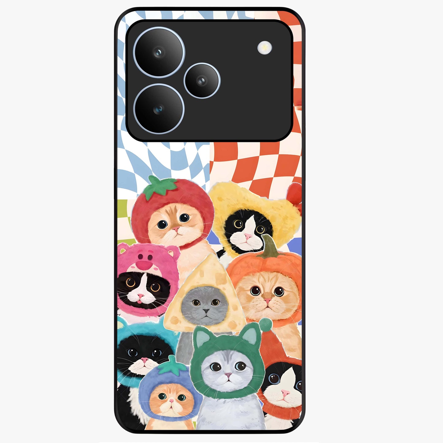 Cats in Fruits Glass Case showing flat back view with playful cat illustrations inside fruit artwork and glossy glass finish.