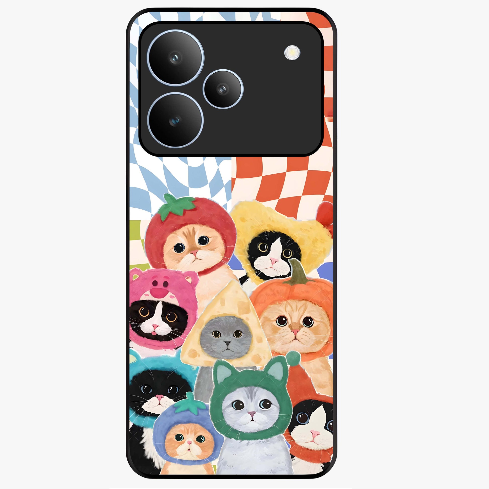 Cats in Fruits Glass Case showing flat back view with playful cat illustrations inside fruit artwork and glossy glass finish.