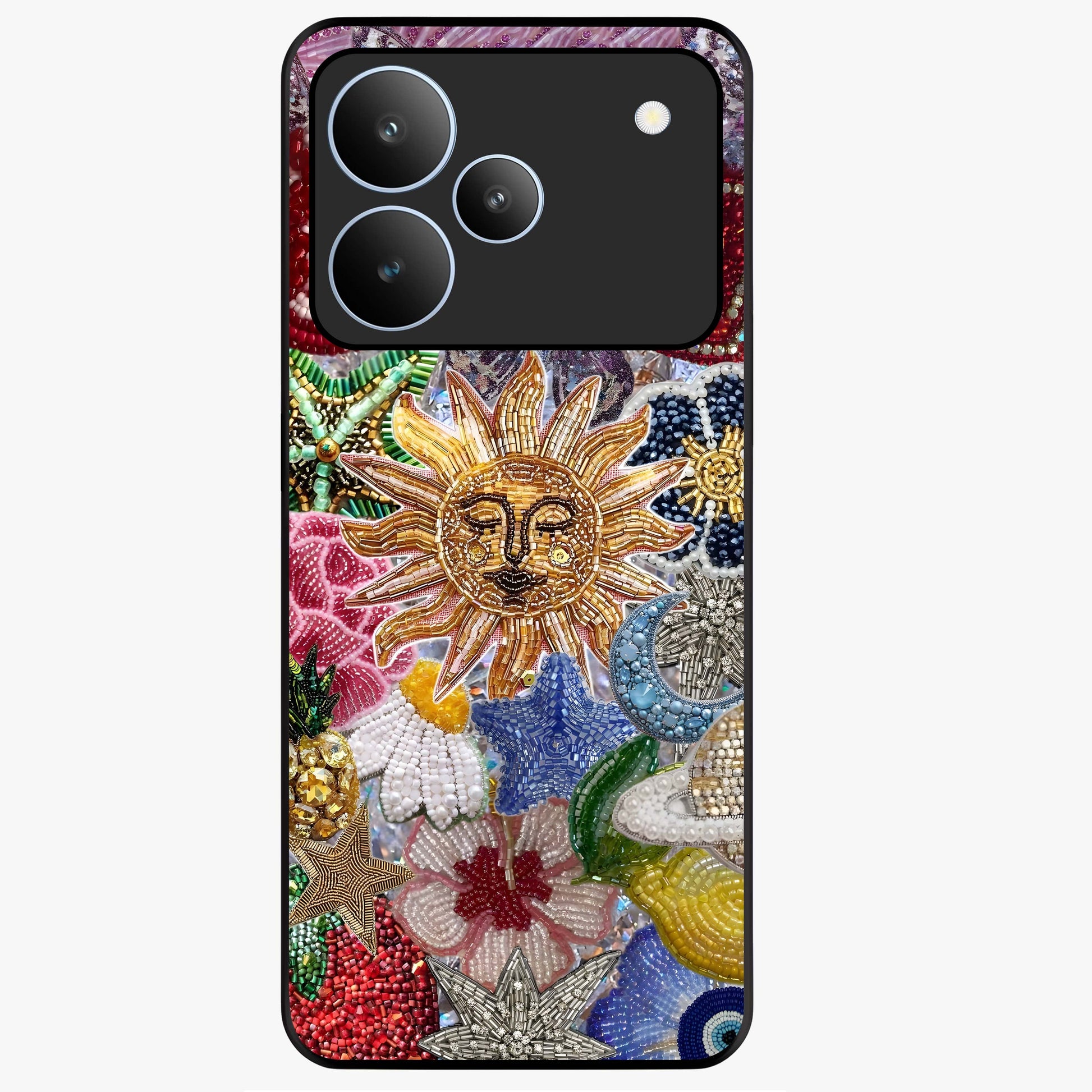 Celestial Floral and Playful Glass Case showing flat back view with floral and celestial themed artwork and glossy glass finish.