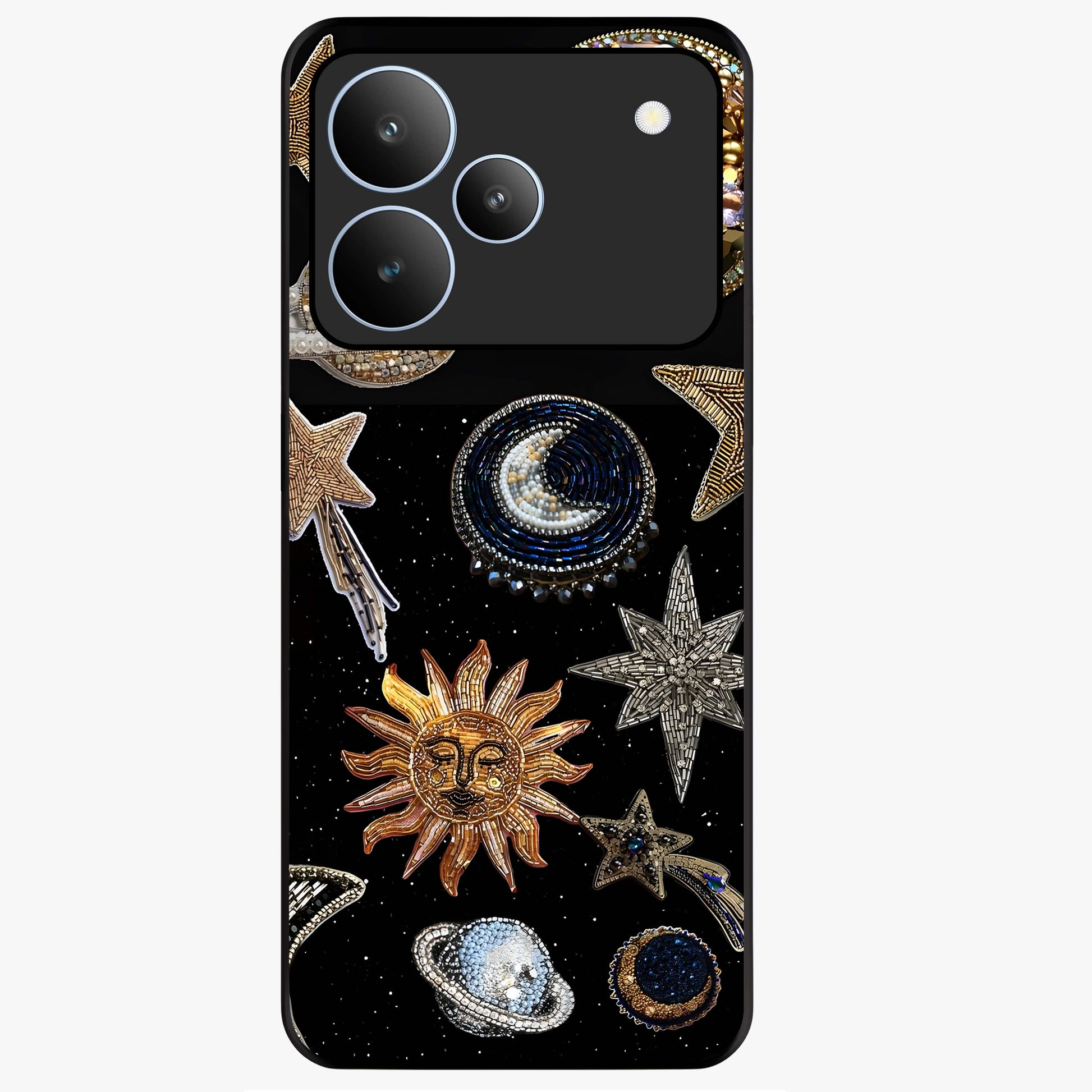 Celestial Gem Constellations Glass Case showing flat back view with sparkling constellation artwork and glossy glass finish.