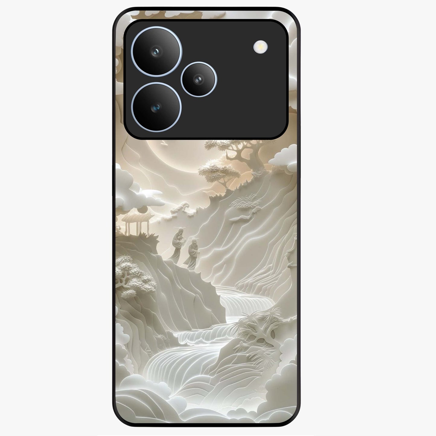 Celestial Origami Glass Case showing flat back view with artistic origami inspired celestial artwork and glossy glass finish.