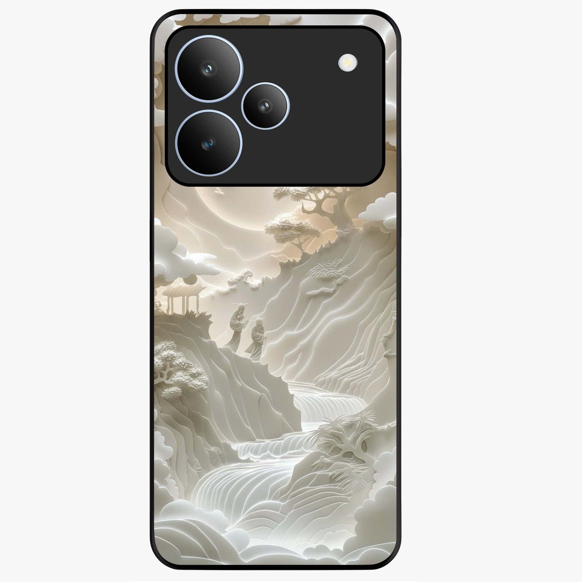 Celestial Origami Glass Case showing flat back view with artistic origami inspired celestial artwork and glossy glass finish.