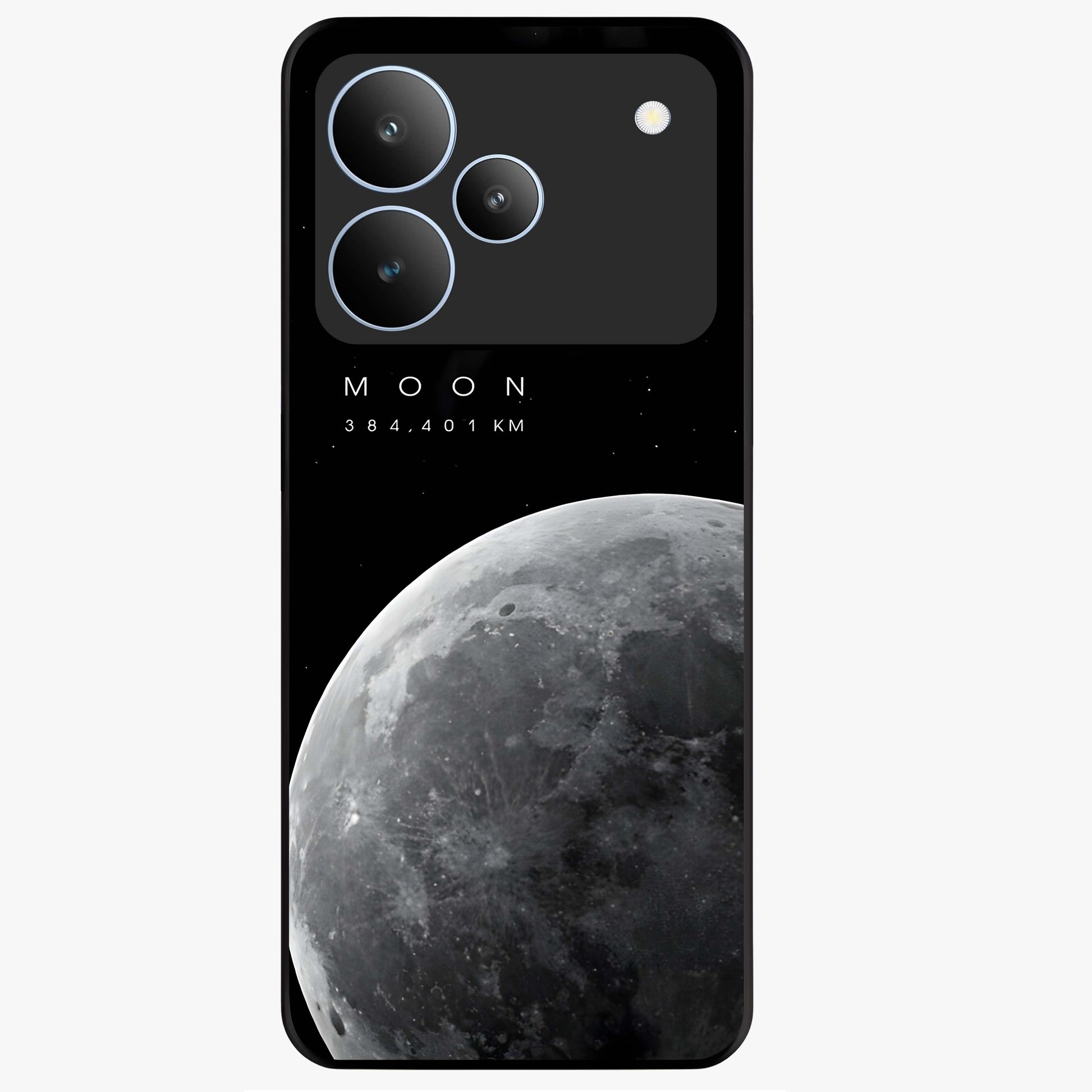 Cosmic Moon Glow Glass Case showing flat back view with glowing moon artwork and glossy glass finish.