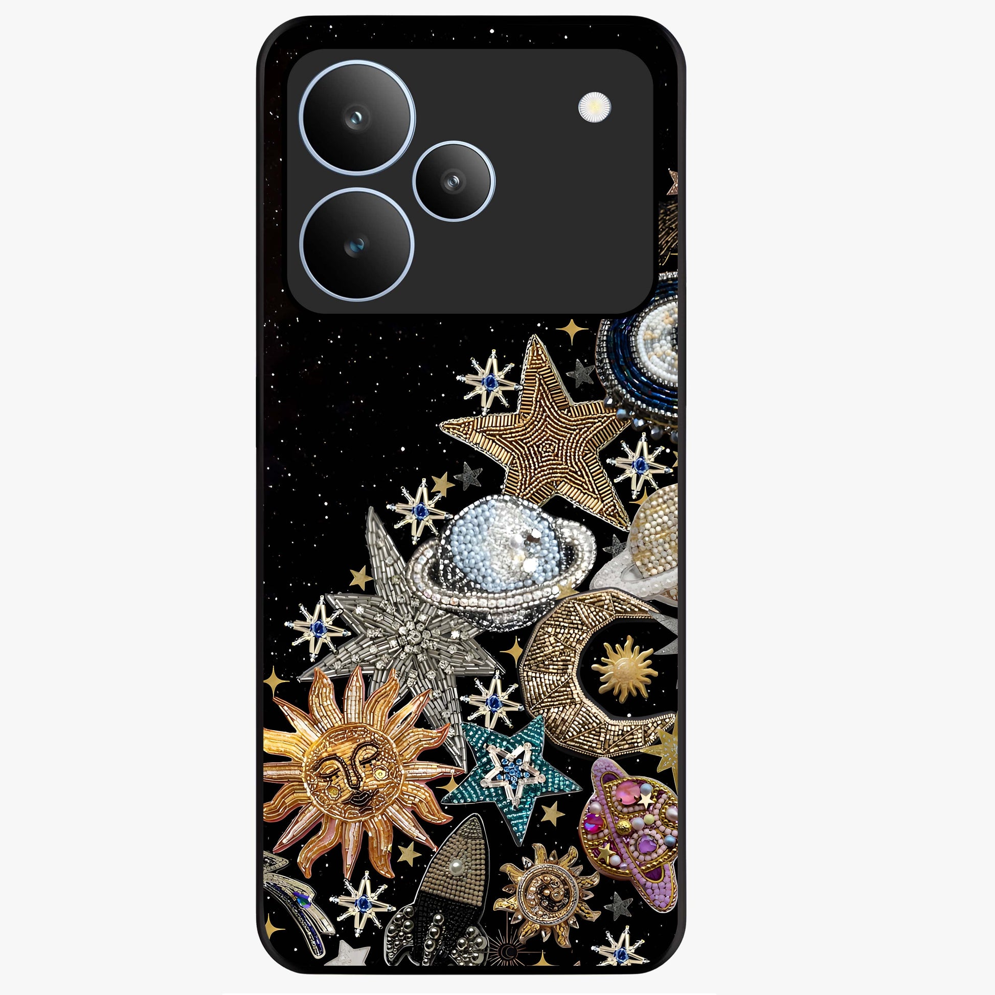Cosmic Sparkle Dreams Glass Case showing flat back view with sparkling cosmic artwork and glossy glass finish.