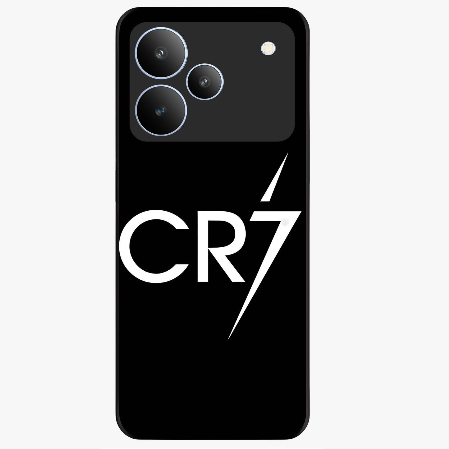 Cr7 Elite Strike Glass Case showing flat back view with dynamic football inspired artwork and glossy glass finish.