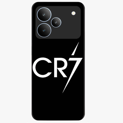 Cr7 Elite Strike Glass Case showing flat back view with dynamic football inspired artwork and glossy glass finish.
