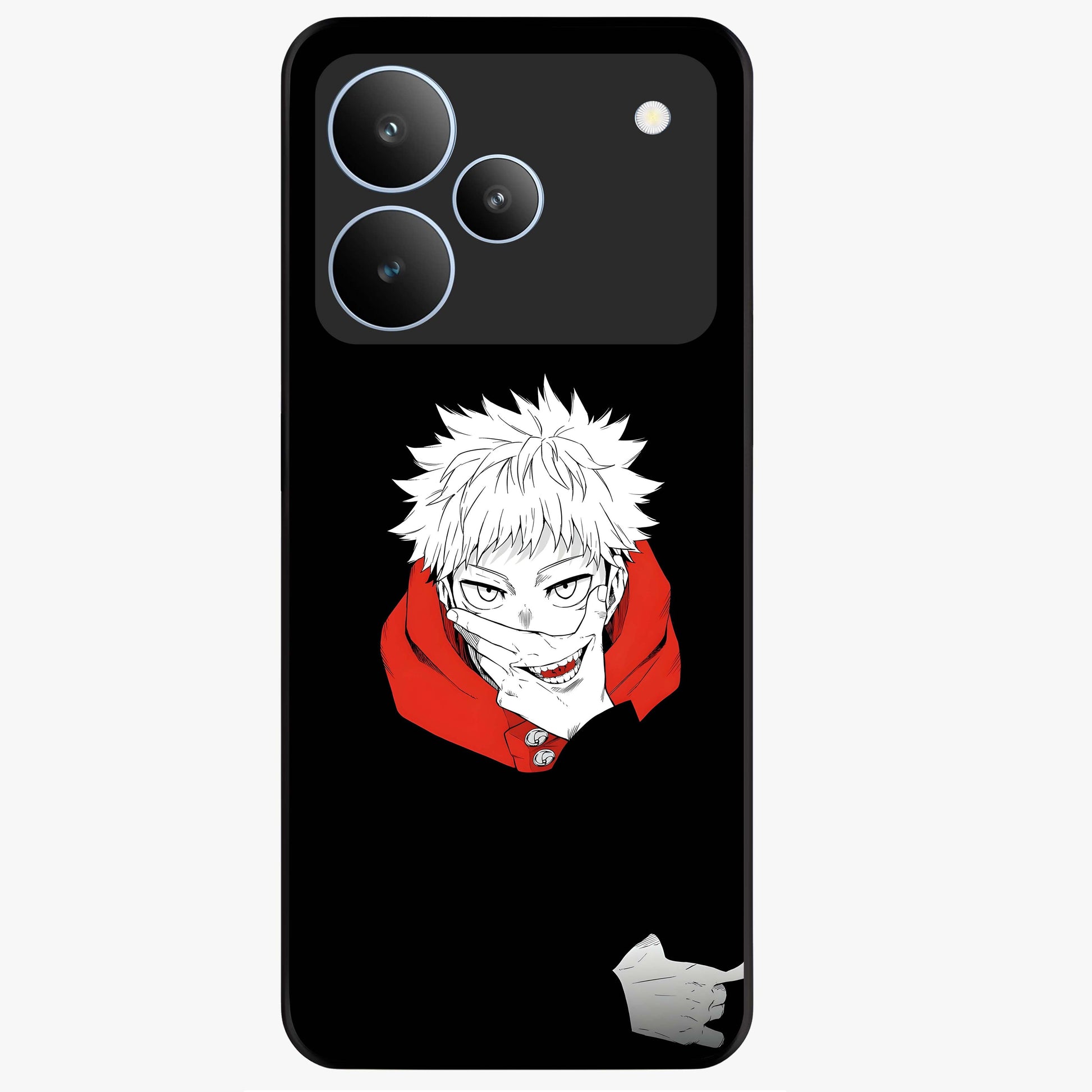 Crimson Chaos Smile Glass Case showing flat back view with bold chaotic smile artwork and glossy glass finish.