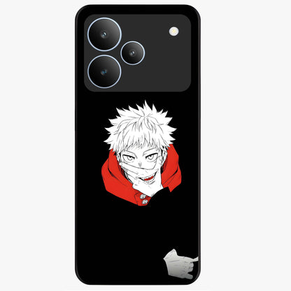 Crimson Chaos Smile Glass Case showing flat back view with bold chaotic smile artwork and glossy glass finish.