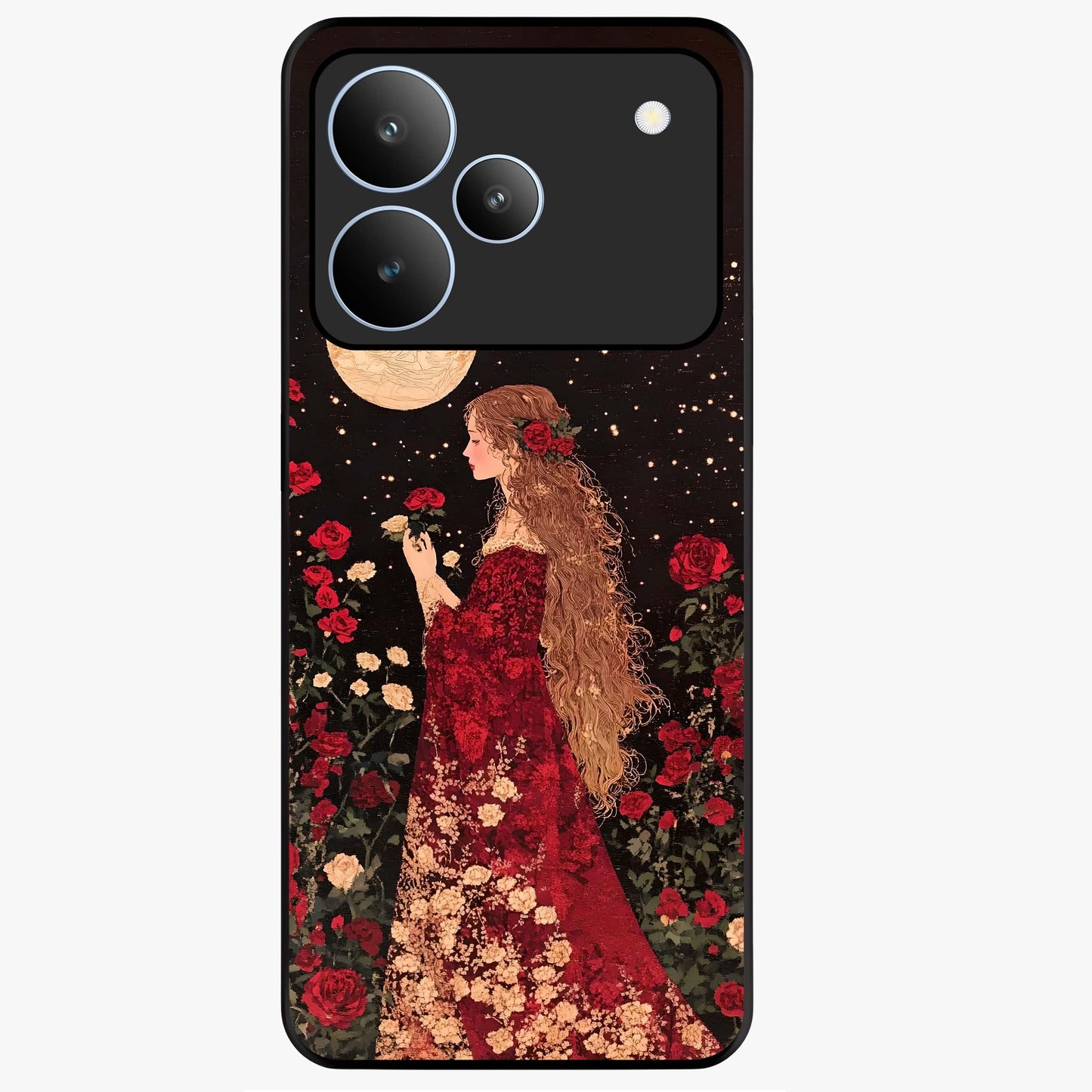 Crimson Dreams Glass Case showing flat back view with dreamy crimson artwork and glossy glass finish.