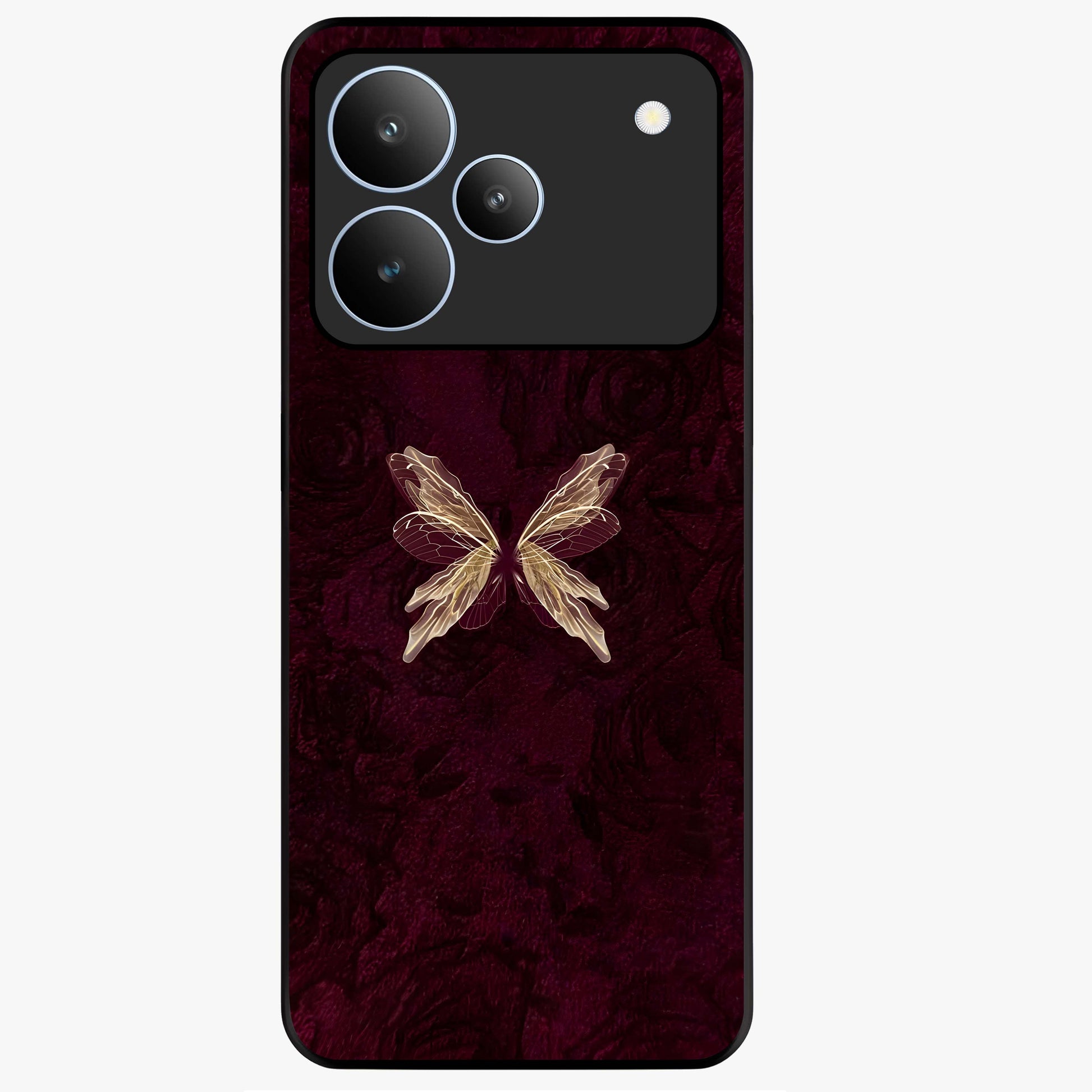 Crimson Fade Butterfly Glass Case showing flat back view with fading butterfly artwork and glossy glass finish.