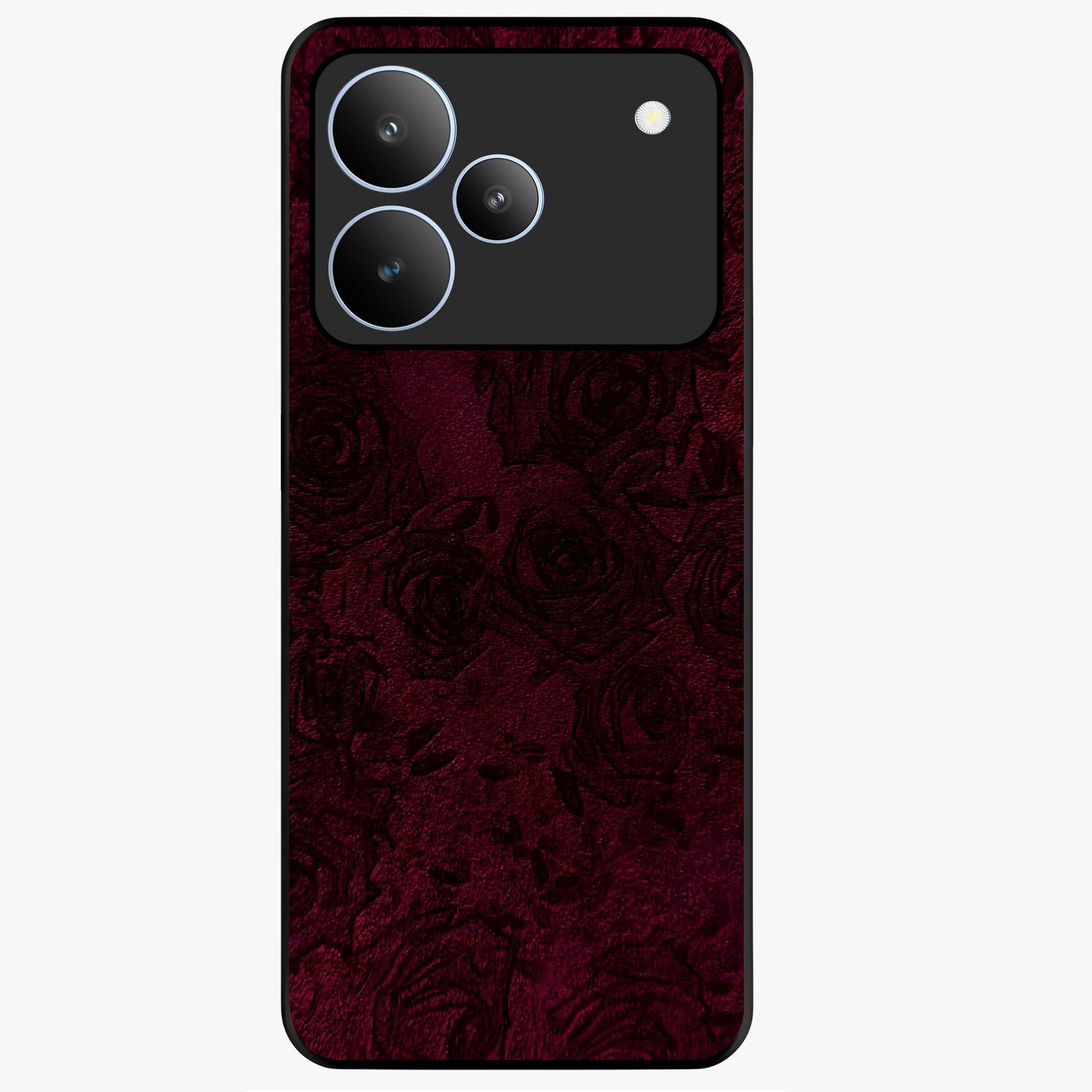 Crimson Fade Flow Glass Case showing flat back view with flowing crimson gradient artwork and glossy glass finish.