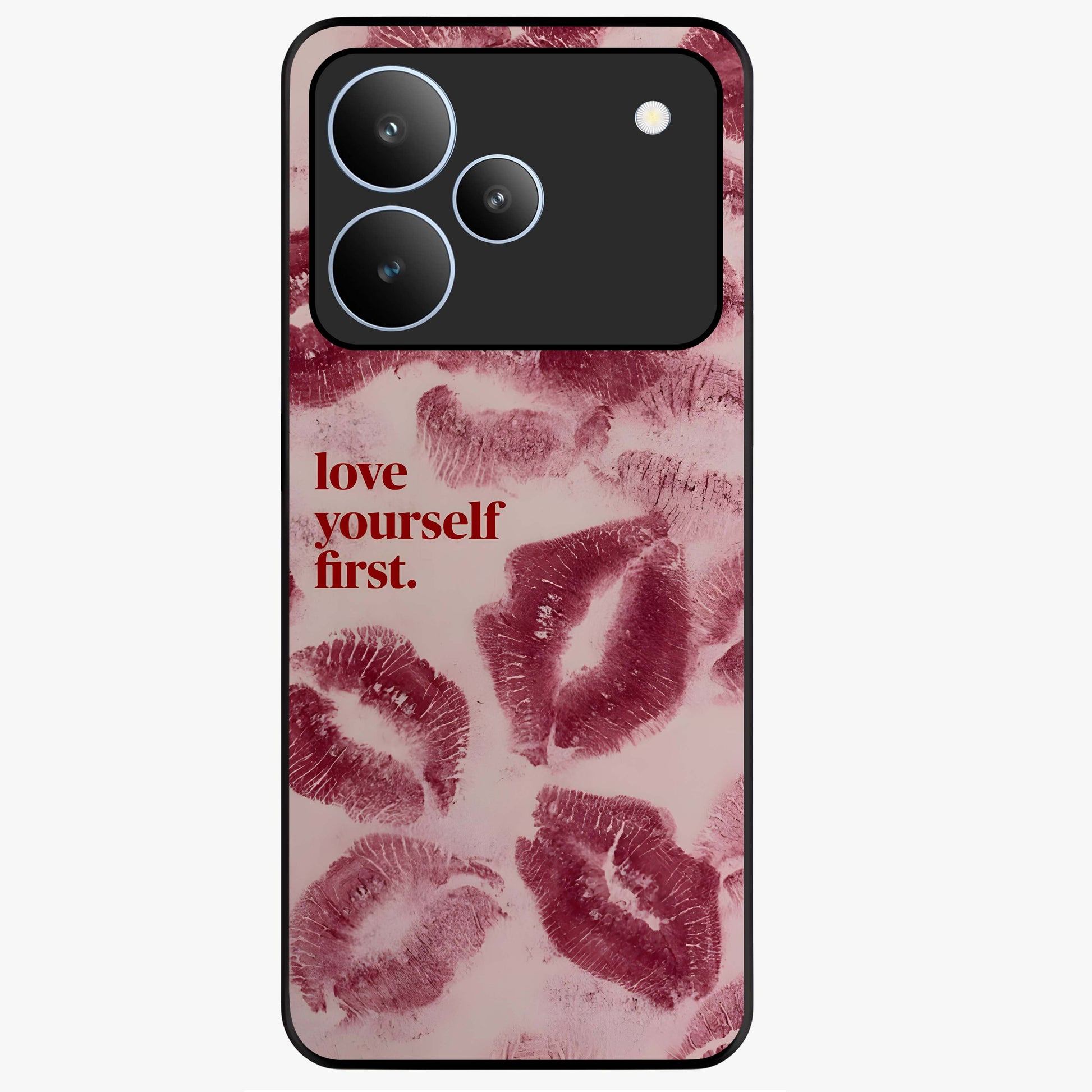 Crimson Kiss Love Glass Case showing flat back view with romantic crimson themed artwork and glossy glass finish.