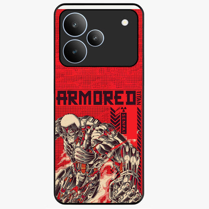 Crimson Mecha Titan Glass Case showing flat back view with powerful mech titan artwork and glossy glass finish.