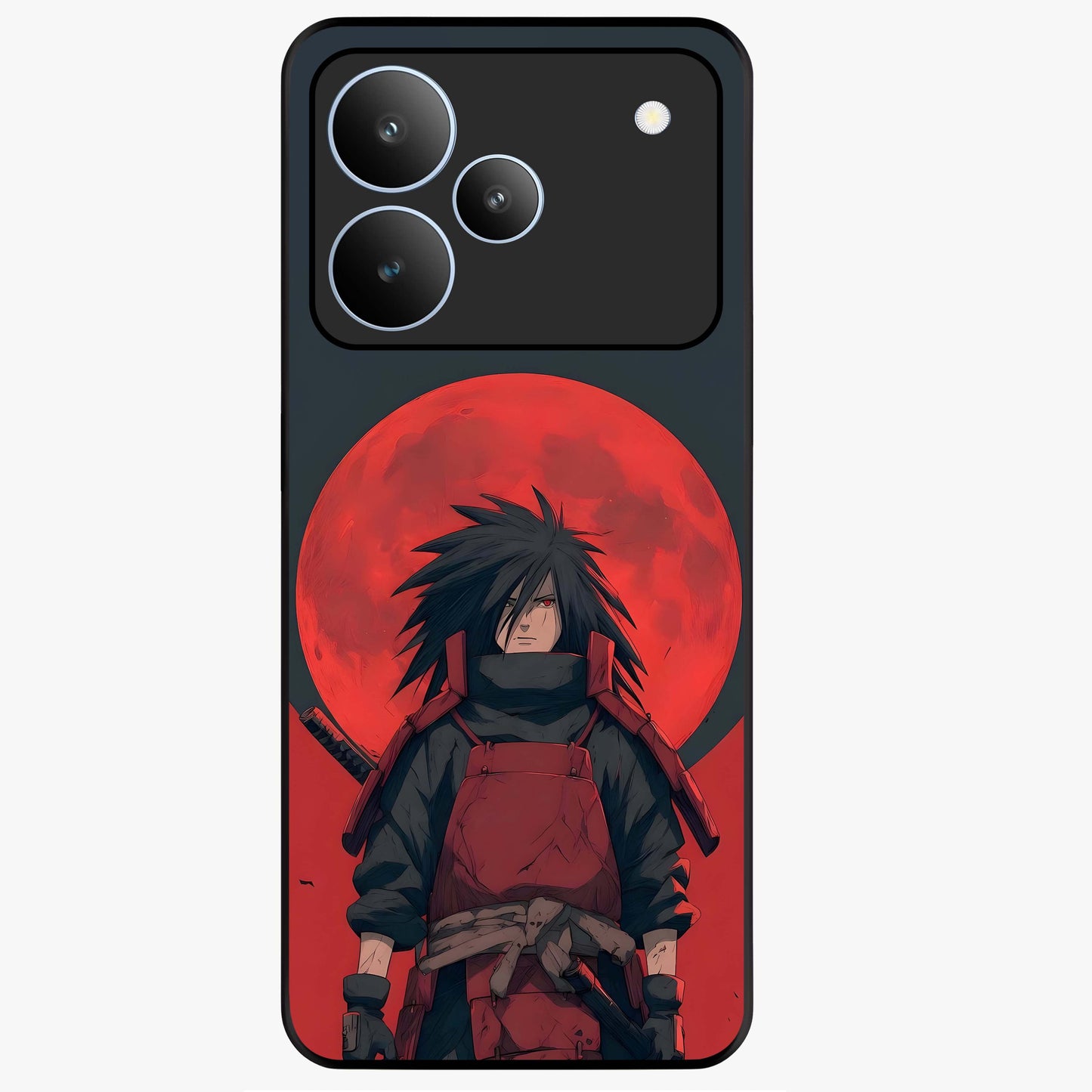 Crimson Moon Warlord Glass Case showing flat back view with mystical moon warrior artwork and glossy glass finish.