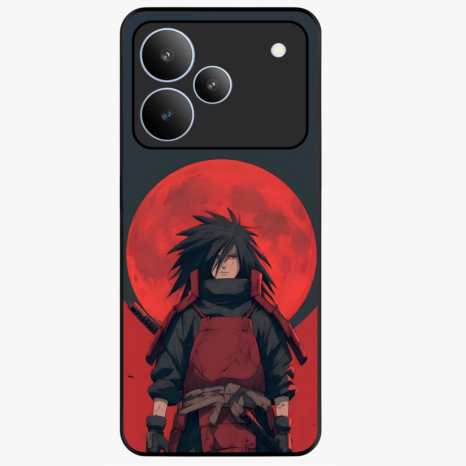 Crimson Moon Warlord Glass Case showing flat back view with mystical moon warrior artwork and glossy glass finish.