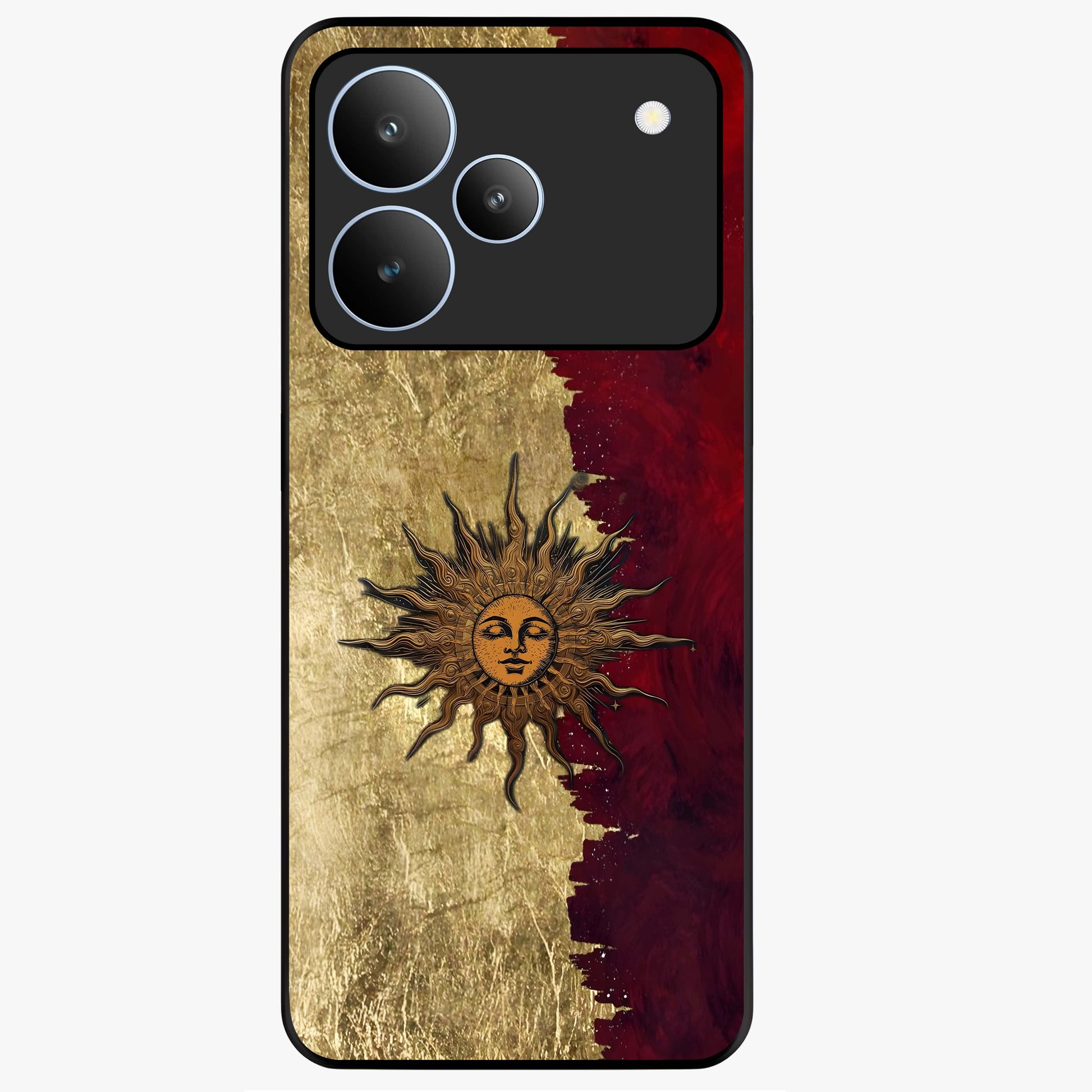 Crimson Sun Majesty Glass Case showing flat back view with radiant sun inspired artwork and glossy glass finish.