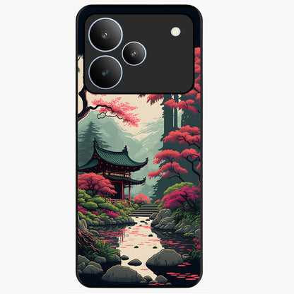 Crimson Temple View Glass Case showing flat back view with temple inspired artwork and glossy glass finish.