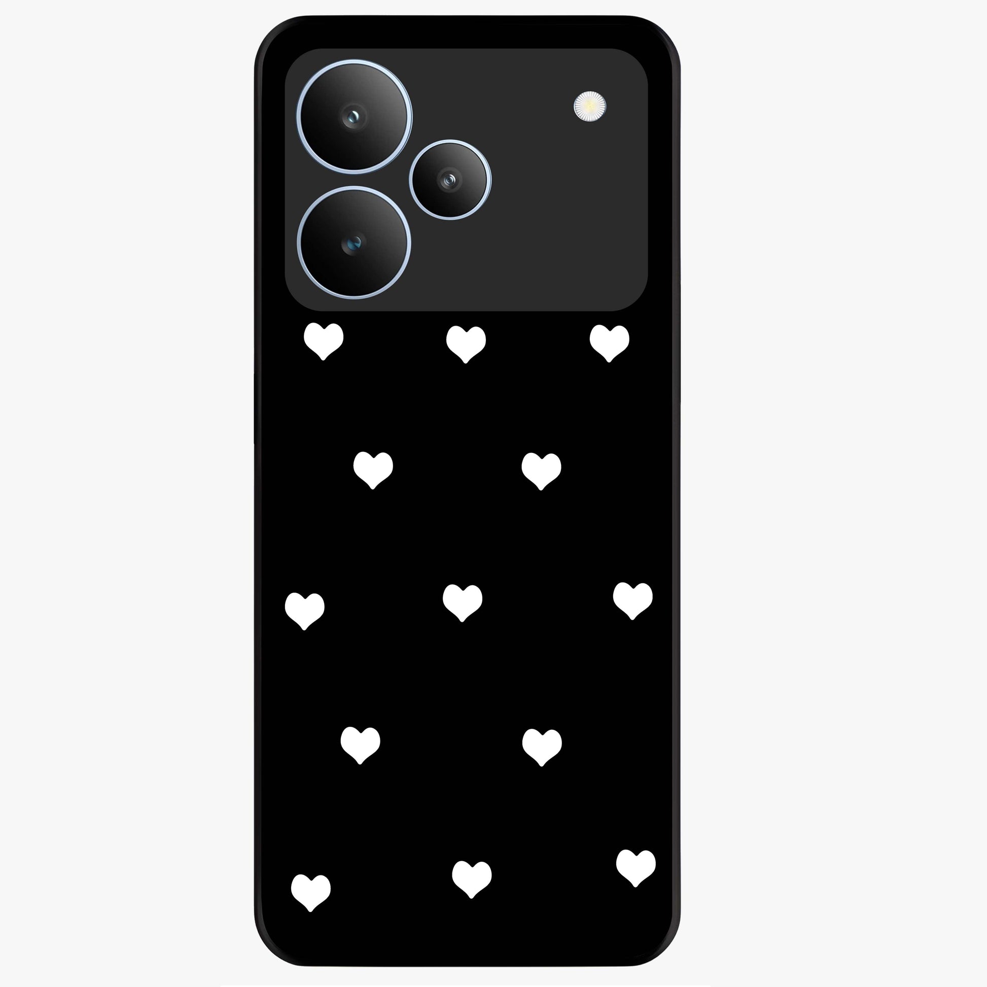 Cute And Simple White Hearts Glass Case showing flat back view with minimal white heart pattern and glossy glass finish.