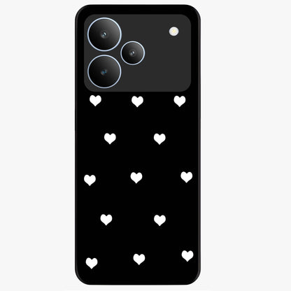 Cute And Simple White Hearts Glass Case showing flat back view with minimal white heart pattern and glossy glass finish.