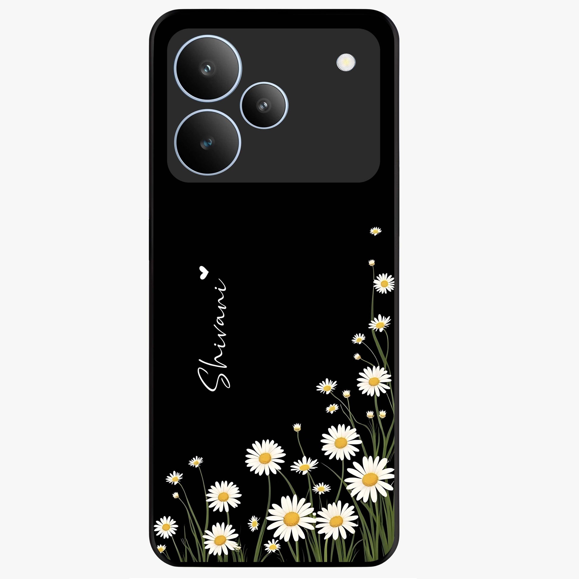 Daisy Cascade Custom Name Glass Case showing flat back view with cascading daisy flowers and personalized name design.