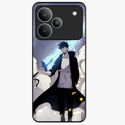 Dark Lightning Anime Warrior Glass Case showing flat back view with intense anime warrior artwork and glossy glass finish.