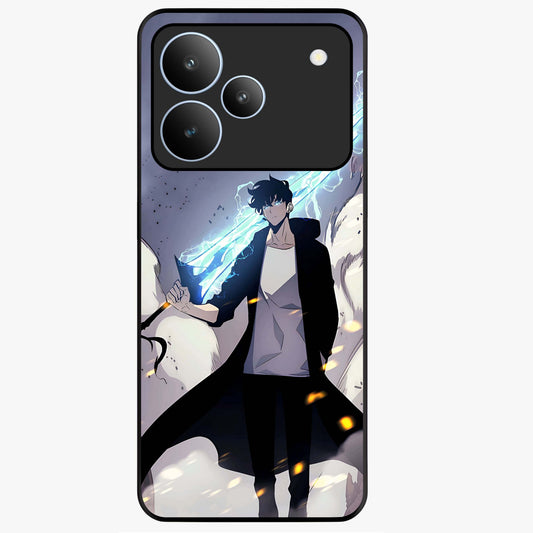 Dark Lightning Anime Warrior Glass Case showing flat back view with intense anime warrior artwork and glossy glass finish.