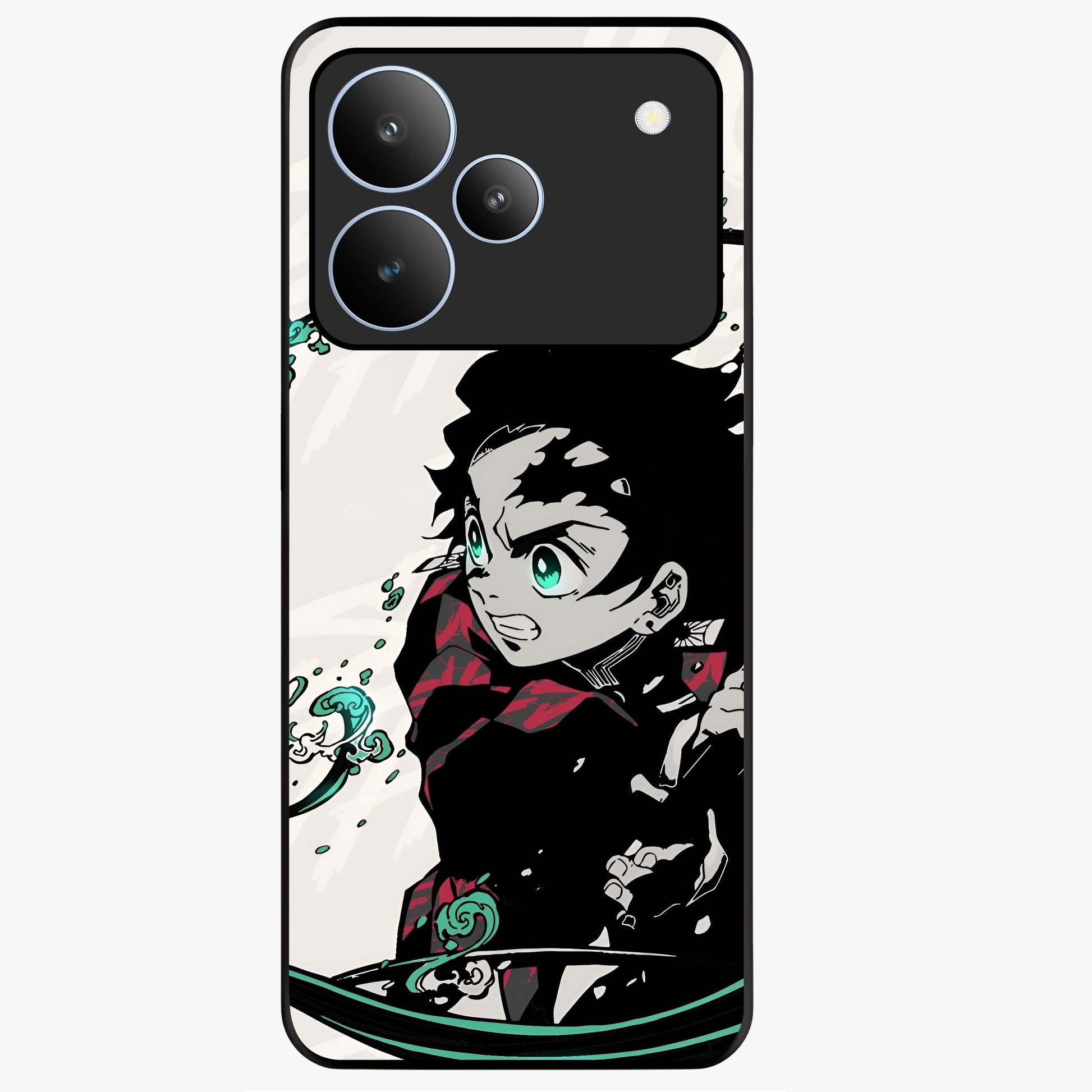 Demon Slayer Glass Case showing flat back view with bold anime inspired artwork and glossy glass finish.