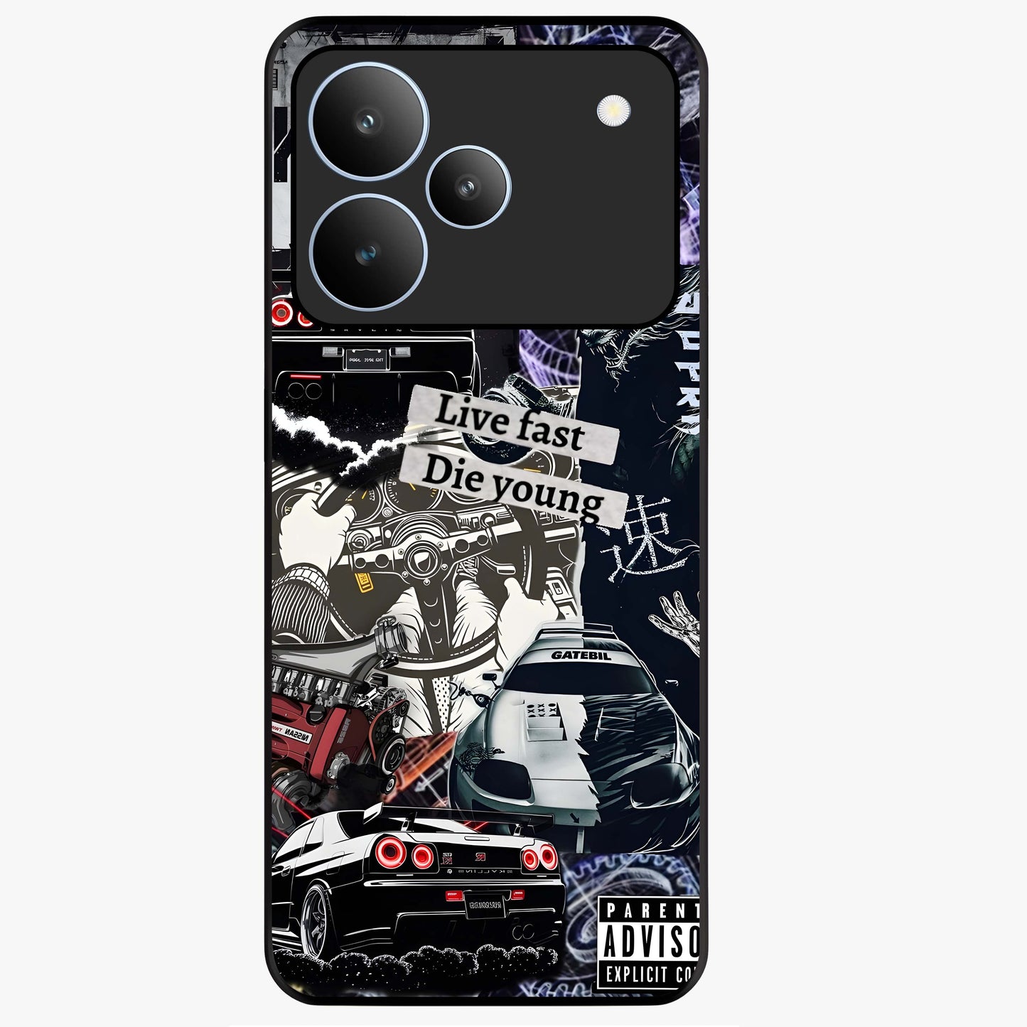 Die Young Glass Case showing flat back view with bold artistic typography design and glossy glass finish.