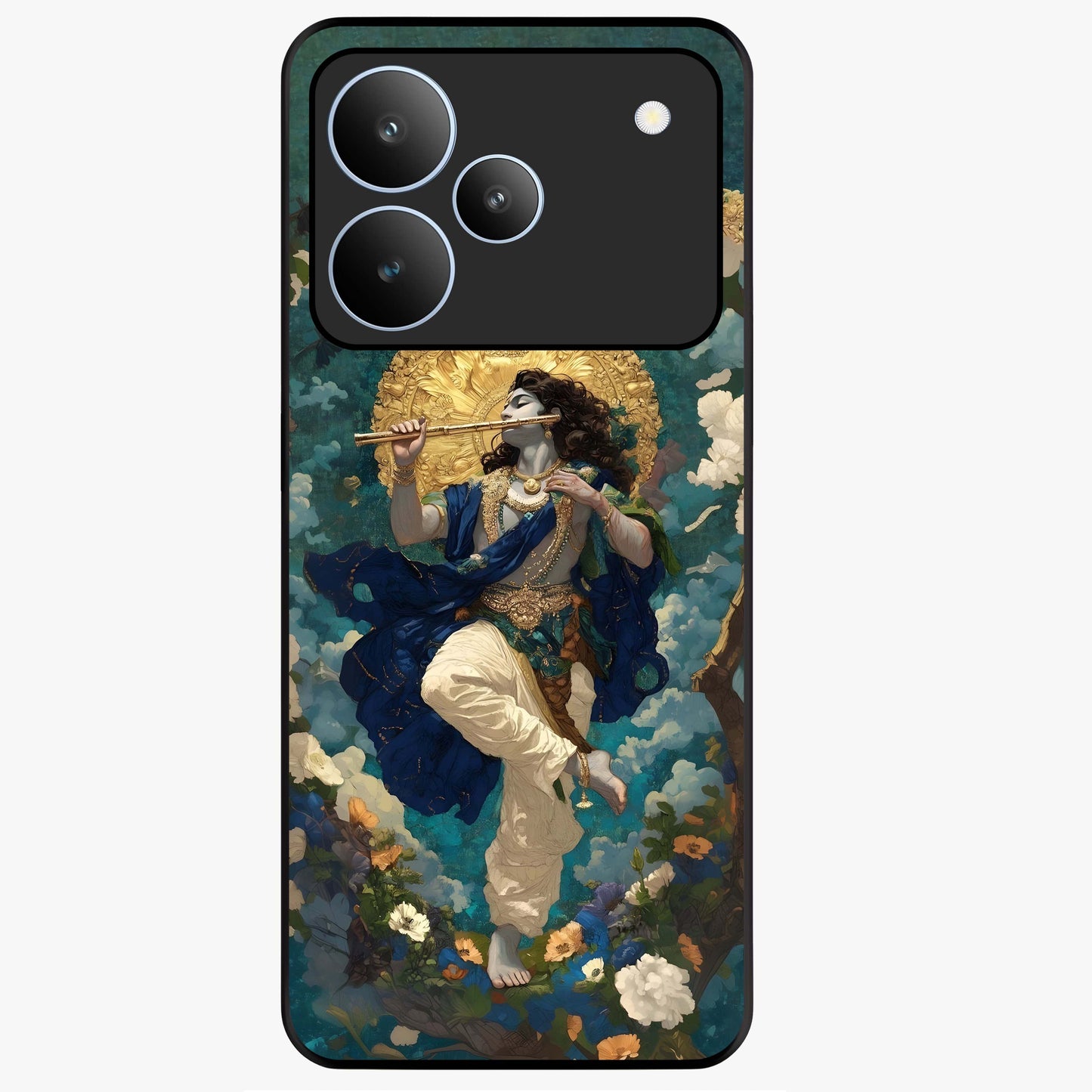 Divine Krishna Art Glass Case showing flat back view with Lord Krishna artwork and glossy glass finish.