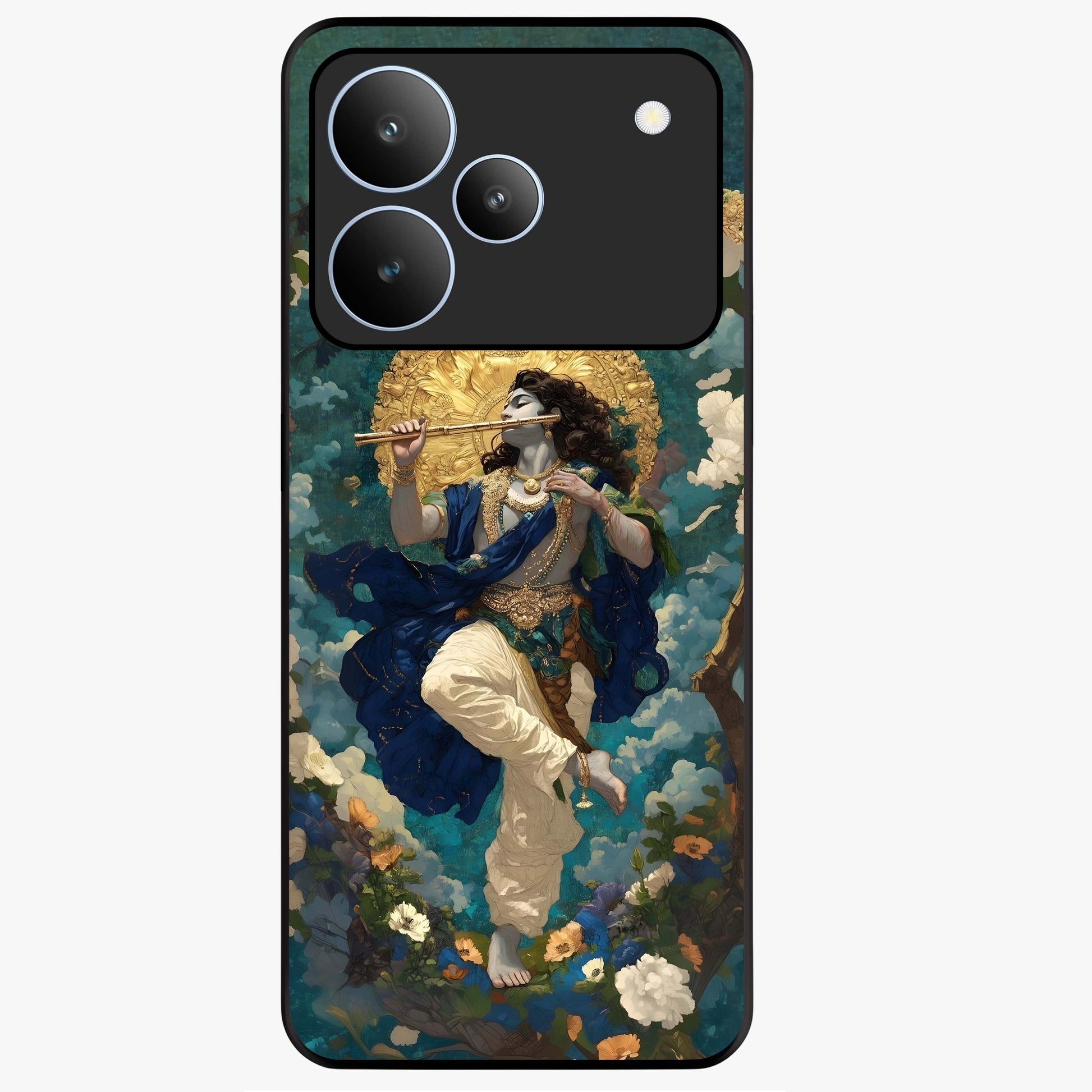 Divine Krishna Art Glass Case showing flat back view with Lord Krishna artwork and glossy glass finish.