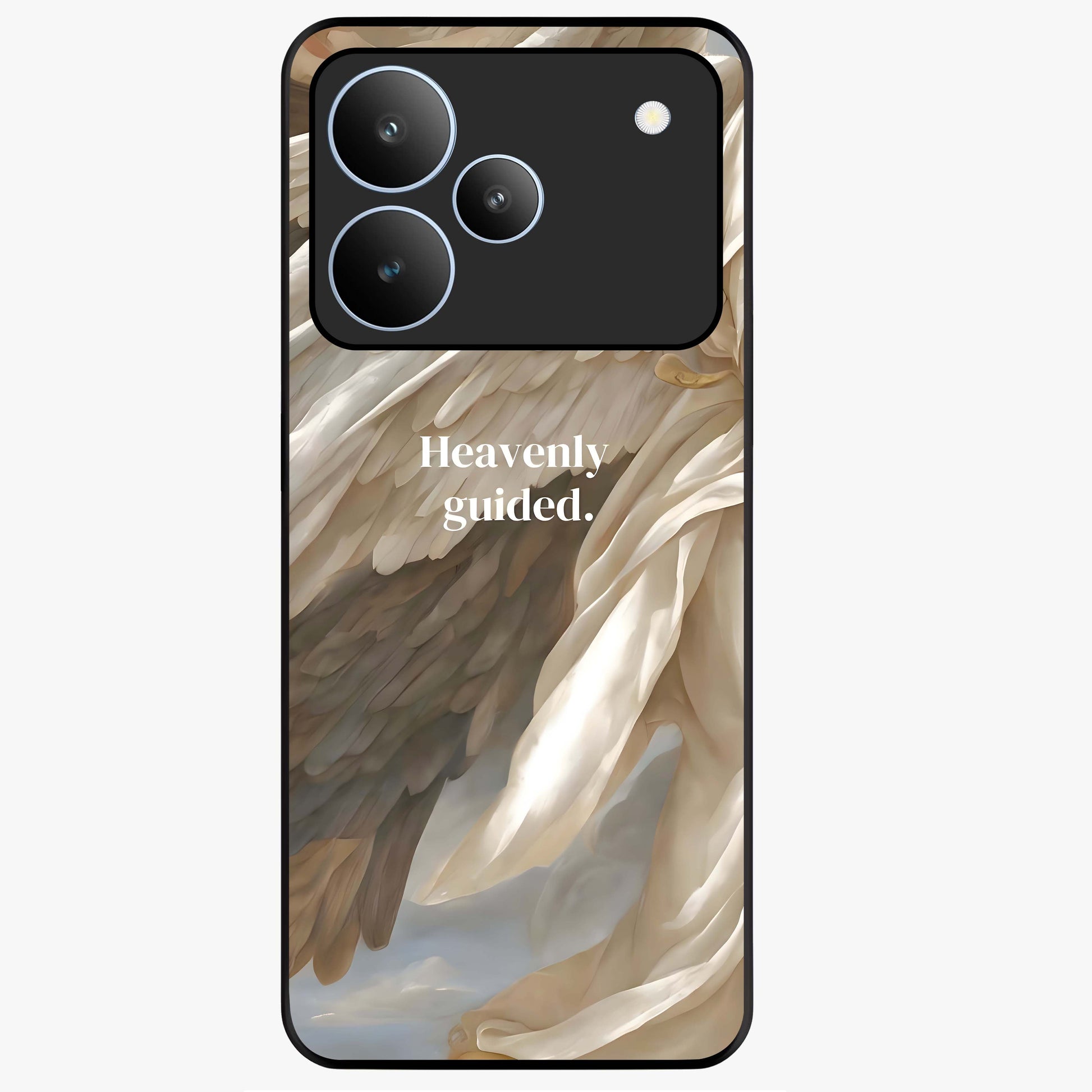 Divine Winged Grace Glass Case showing flat back view with elegant wing inspired artwork and glossy glass finish.