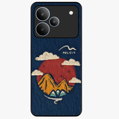 Dream Beyond Mountains Glass Case showing flat back view with scenic mountain landscape artwork and glossy glass finish.