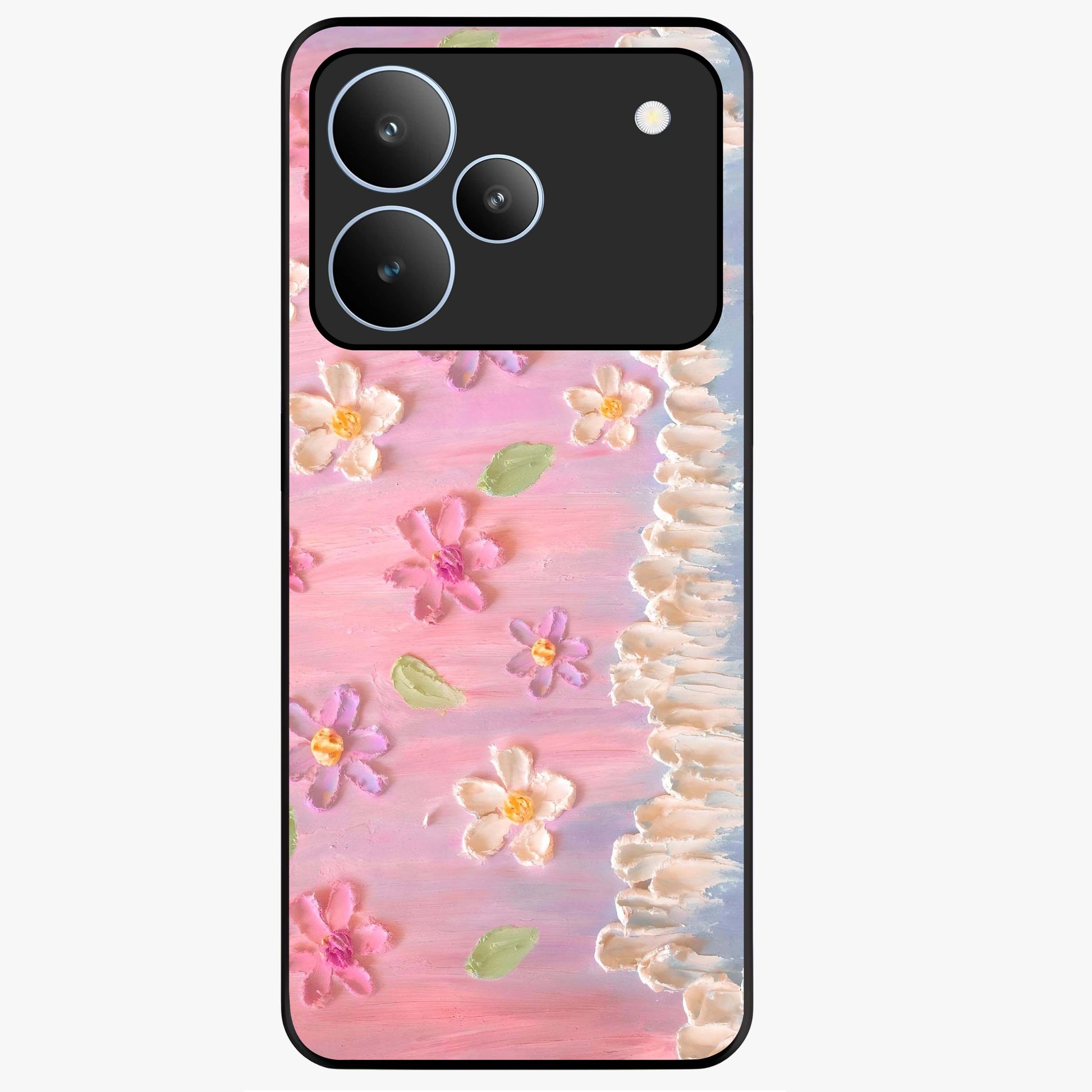 Dreamy Painted Garden Glass Case showing flat back view with artistic painted floral garden artwork and glossy glass finish.
