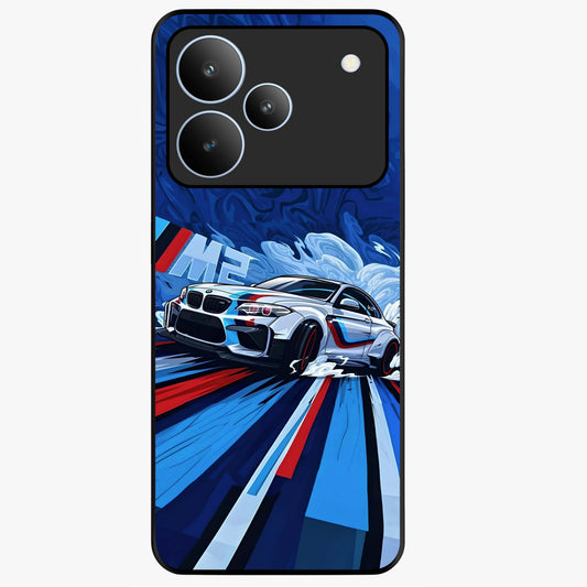 Drift Power Rush Glass Case showing flat back view with dynamic racing inspired artwork and glossy glass finish.