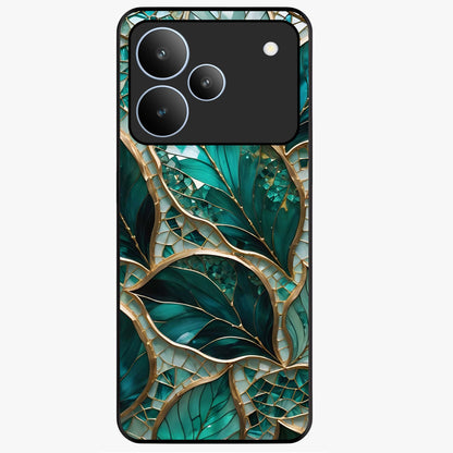 Emerald Leaf Glass Glass Case showing flat back view with emerald green leaf artwork and glossy glass finish.