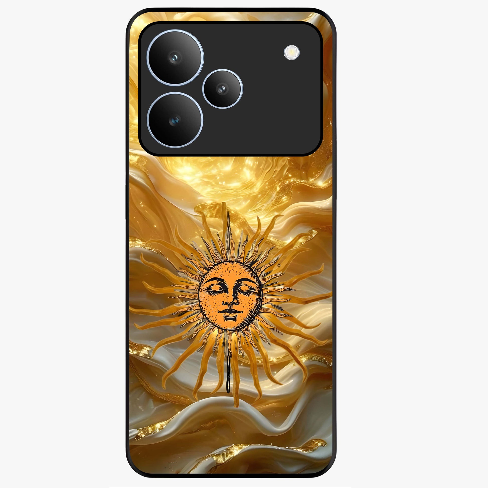 Eternal Golden Glow Glass Case showing flat back view with radiant golden themed artwork and glossy glass finish.