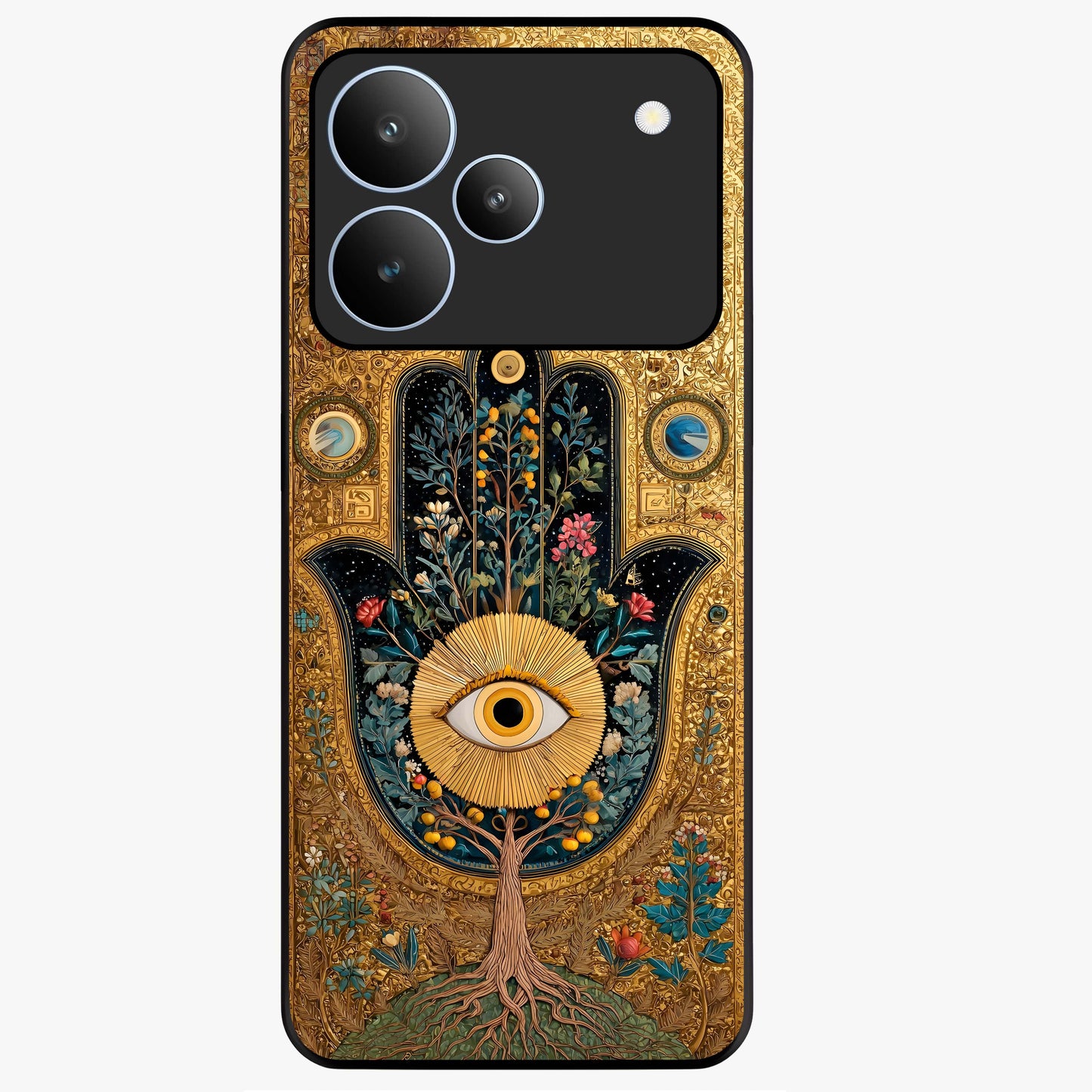 Ethereal Evil Eye Glass Case showing flat back view with mystical evil eye artwork and glossy glass finish.