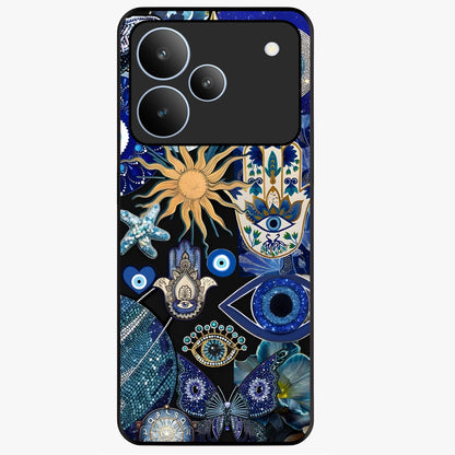 Evil Eye Charm Mix Glass Case showing flat back view with multiple evil eye charms artwork and glossy glass finish.