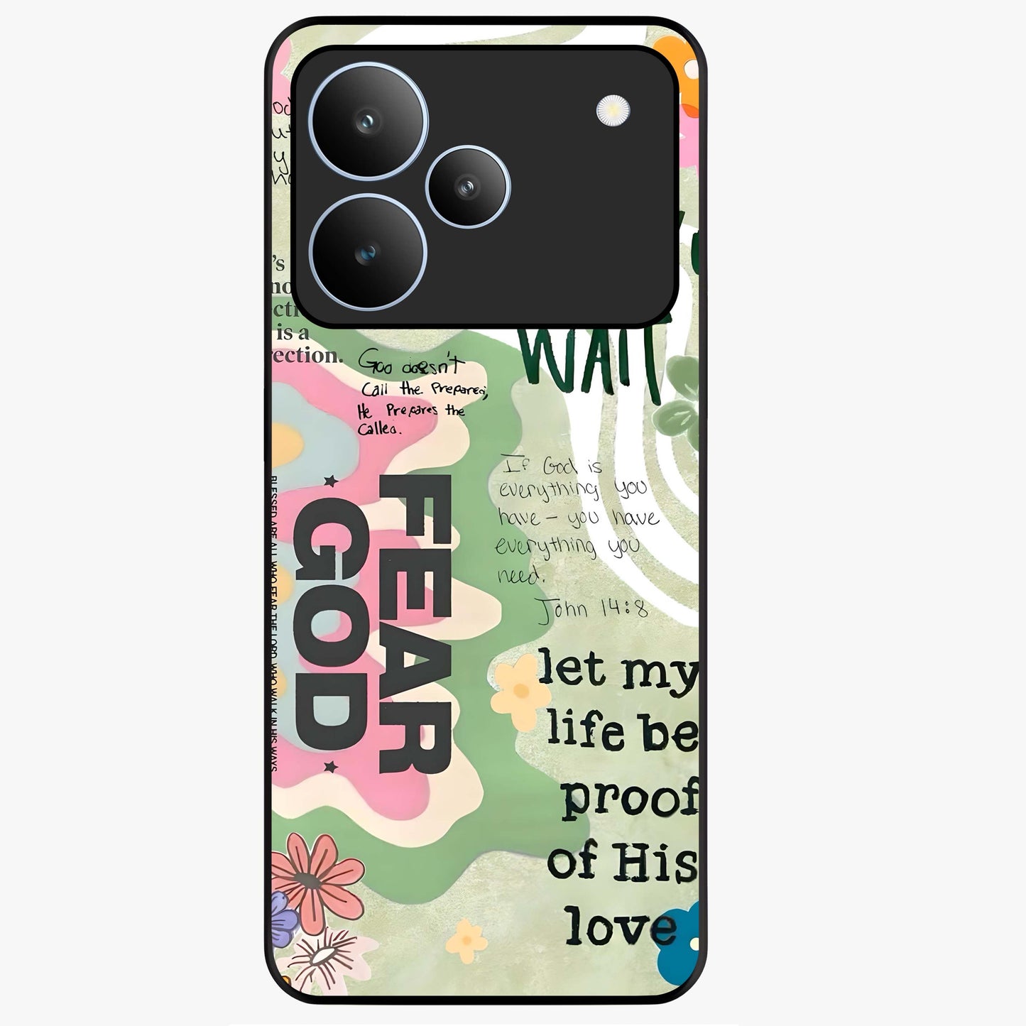 Faith Over Fear Glass Case showing flat back view with motivational typography artwork and glossy glass finish.