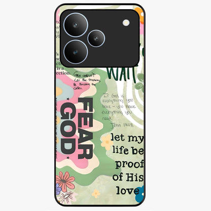 Faith Over Fear Glass Case showing flat back view with motivational typography artwork and glossy glass finish.