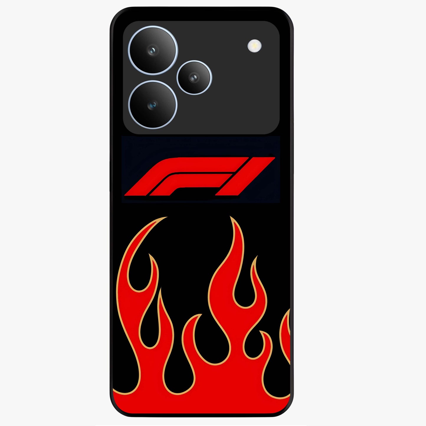 Fire F11 Glass Case showing flat back view with fiery themed artwork and glossy glass finish.
