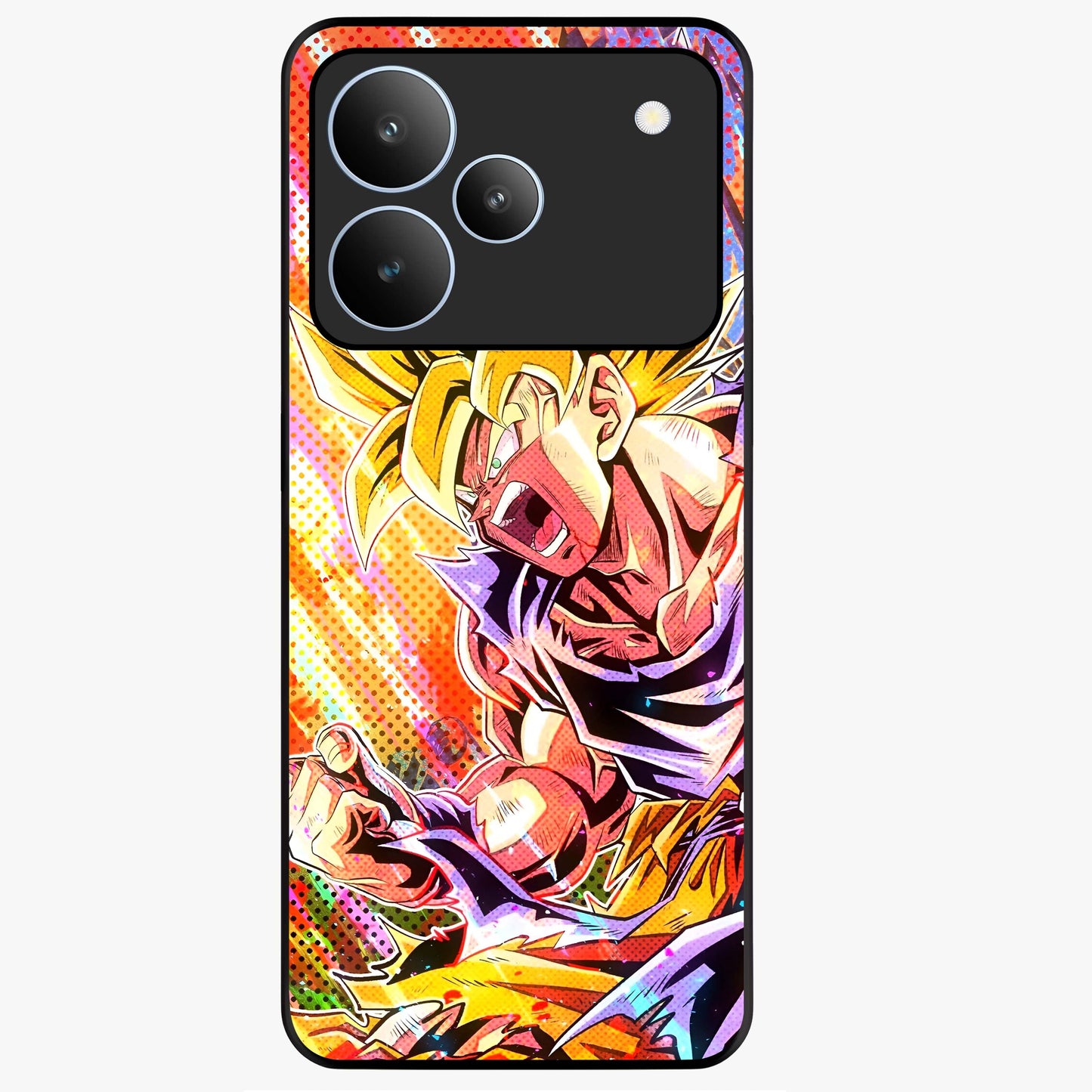 Firing Goku Glass Case showing flat back view with powerful anime inspired artwork and glossy glass finish.