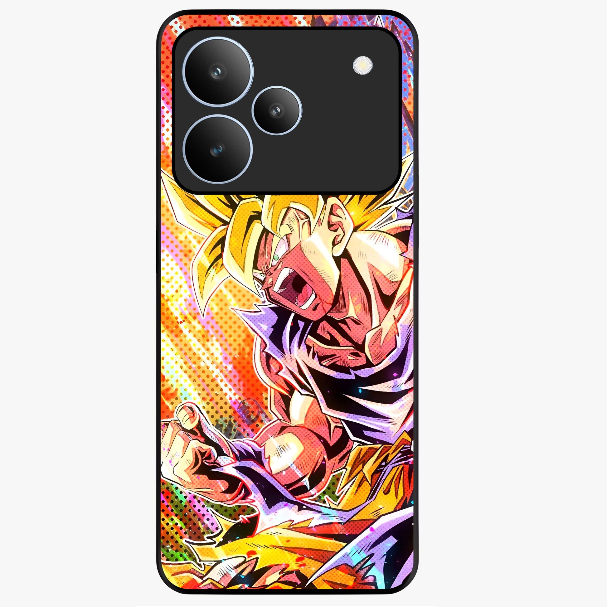Firing Goku Glass Case showing flat back view with powerful anime inspired artwork and glossy glass finish.