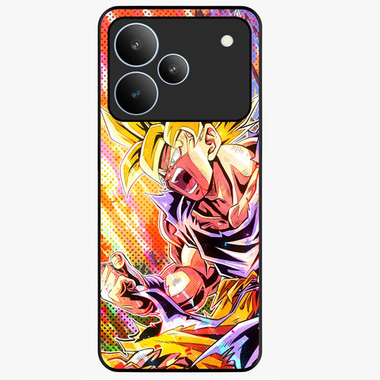 Firing Goku Glass Case showing flat back view with powerful anime inspired artwork and glossy glass finish.