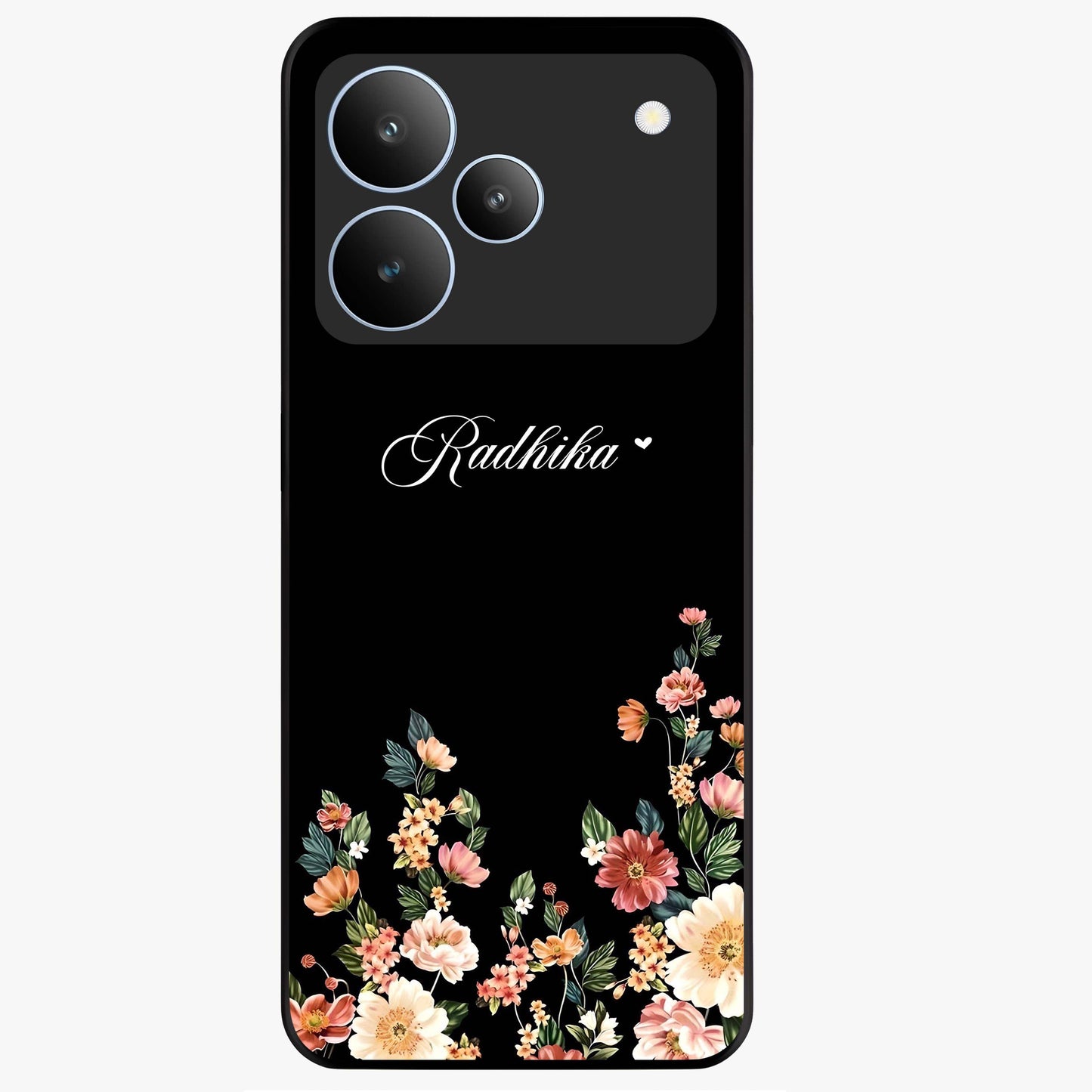 Floral Design With a Custom Personalized Name Glass Case showing flat back view with floral artwork and personalized name design.
