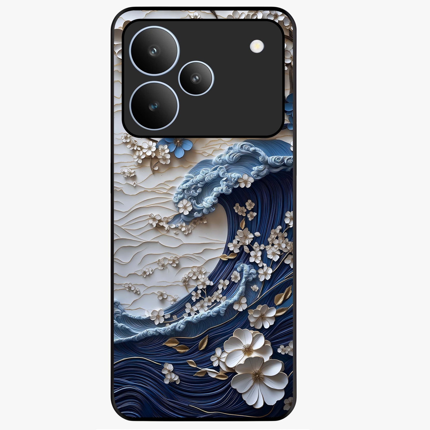 Floral Wave Origami Glass Case showing flat back view with origami inspired floral wave artwork and glossy glass finish.