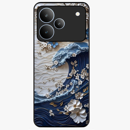 Floral Wave Origami Glass Case showing flat back view with origami inspired floral wave artwork and glossy glass finish.