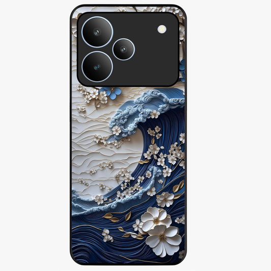 Floral Wave Origami Glass Case showing flat back view with origami inspired floral wave artwork and glossy glass finish.
