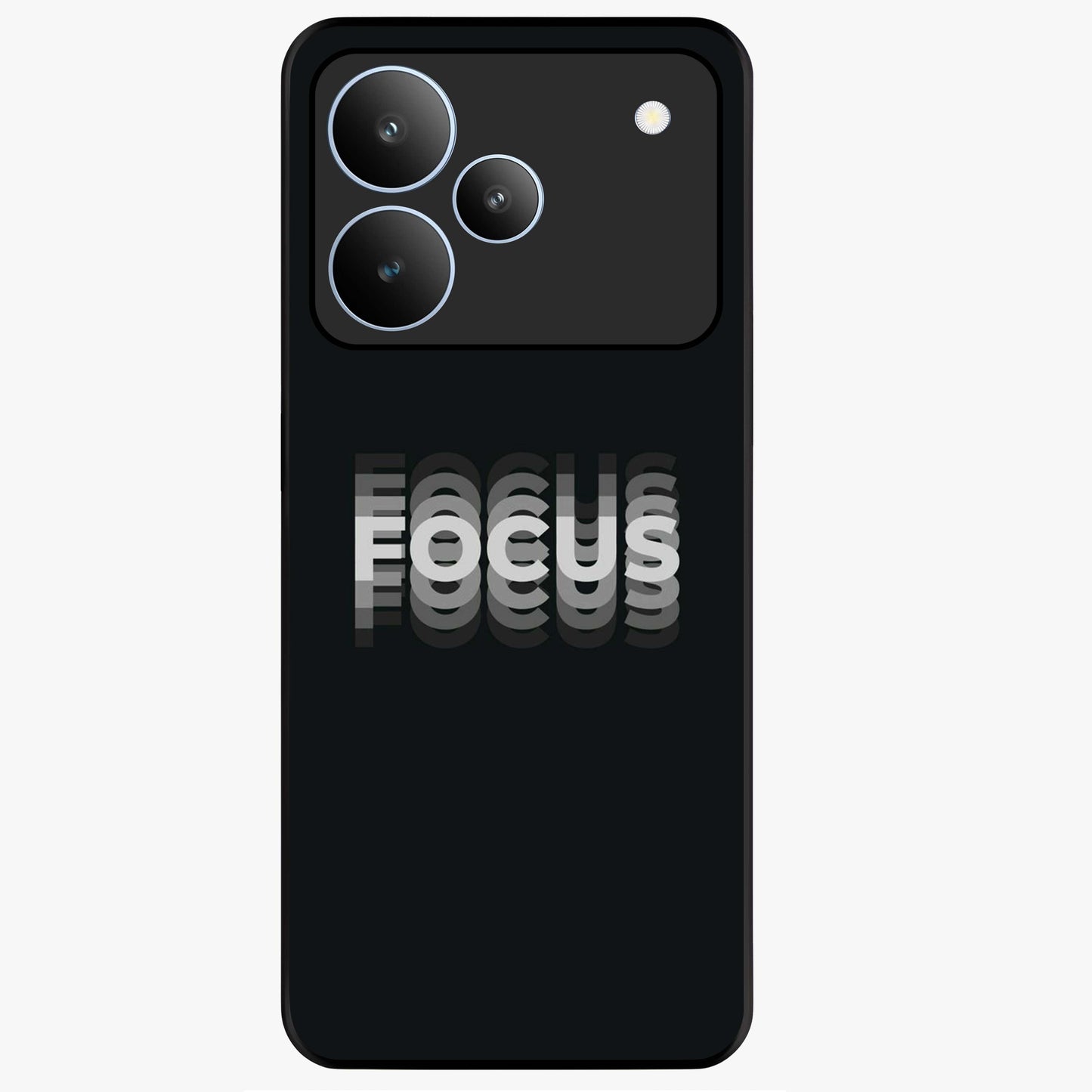 Focus Mode On Glass Case showing flat back view with bold motivational typography design and glossy glass finish.